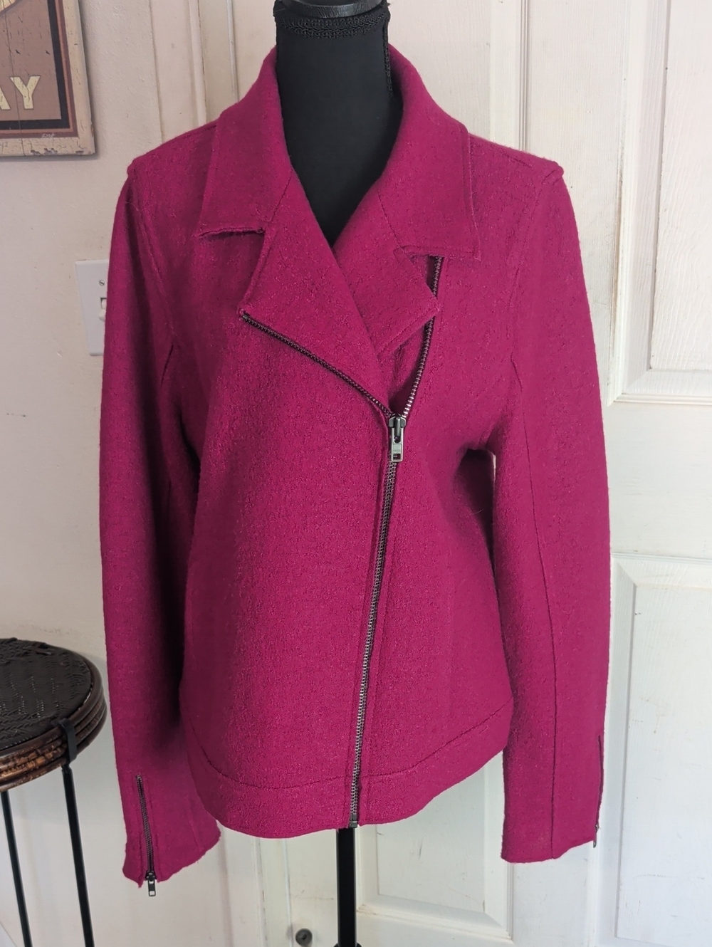 Tahari Zip Cuffs Asymmetrical Full Zip Wool Blend Pink Moto Jacket Size Large